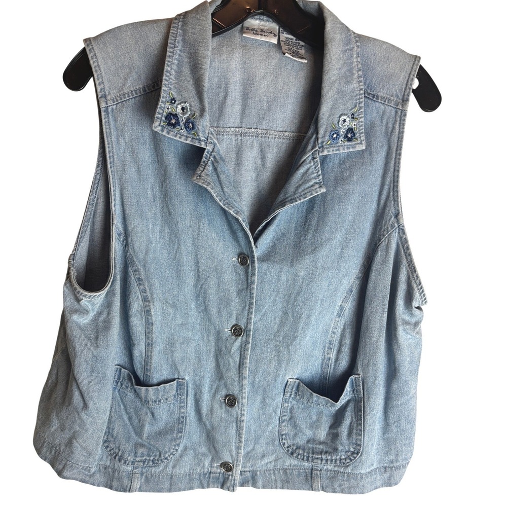 Bobbie Brooks Womens 18W Denim Vest Light Wash Embroidered Floral Blue BBWAEFJW